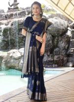 Sattin Silk Navy Blue Wedding Wear Weaving Saree